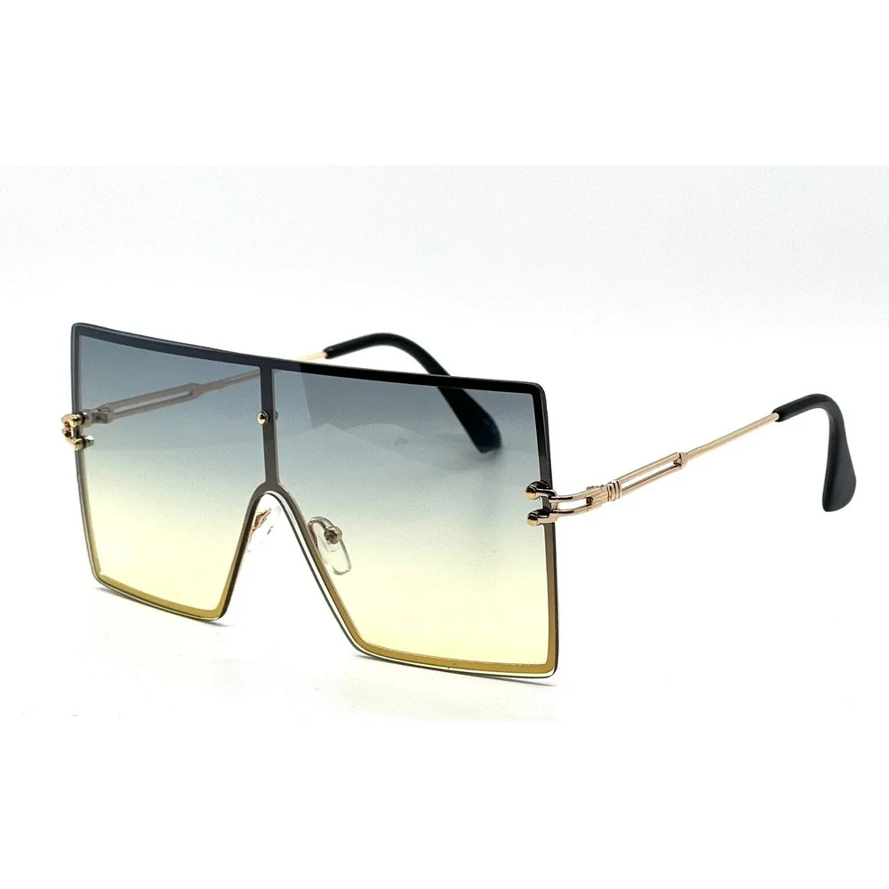 Women Oversized Square Shield Sunglasses Green Yellow Gold Flat Top Shade Trendy
